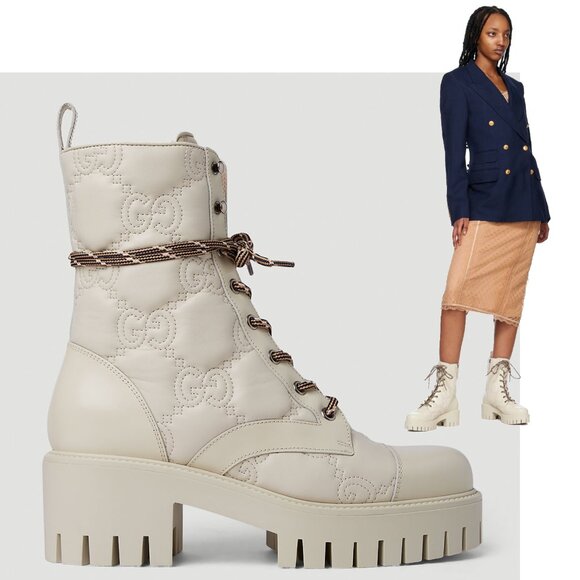 GUCCI BOOTS ANKLE WHITE GG LOGO LEATHER QUILTED LACE-UP  sz 41 11 US - Picture 1 of 15